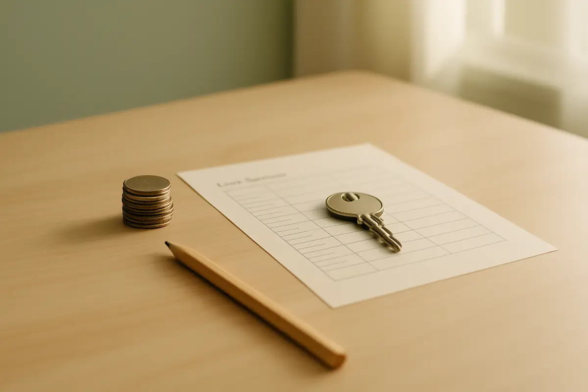 A small stack of coins next to a pencil and a printed loan worksheet on a wooden table, with a house key resting on top.