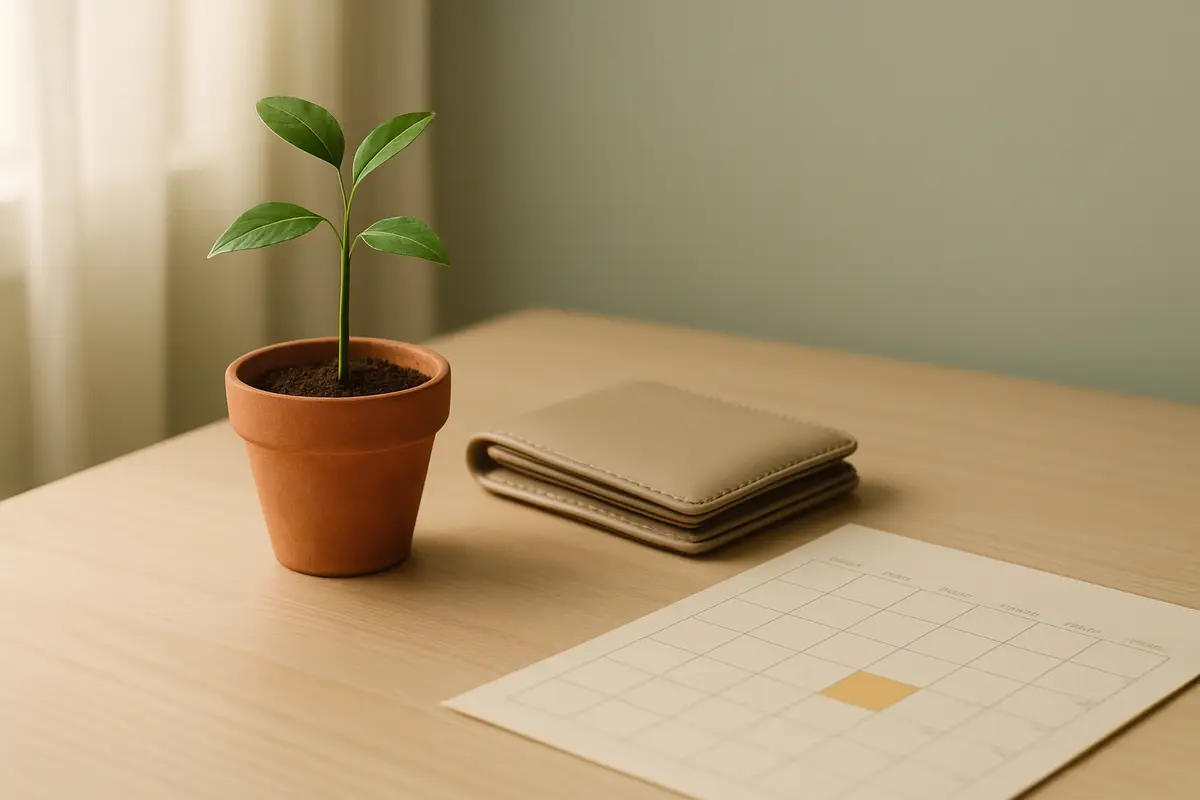 Un pequeño árbol joven en una maceta de barro junto a una cartera cerrada y un calendario de papel sobre un escritorio de madera clara con luz suave de la mañana.